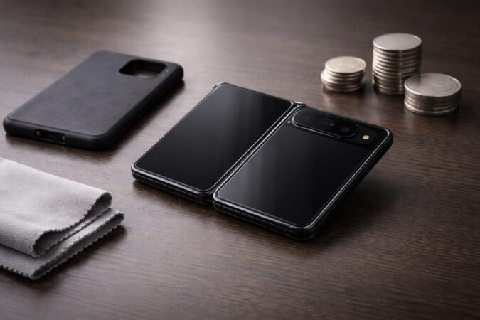 Google Pixel Foldの価格や修理費の負担をイメージした本体と保護アクセサリーの写真