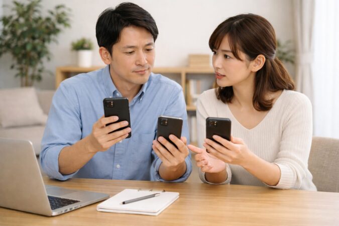 iPhone17の価格と容量の選び方を日本人夫婦が比較検討するイメージ