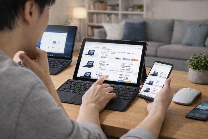 複数の端末や周辺機器を見比べながら相場感を確認するSurface Go 4の比較検討イメージ