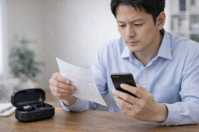 イヤホンの保証期間や購入履歴を確認しているイメージ