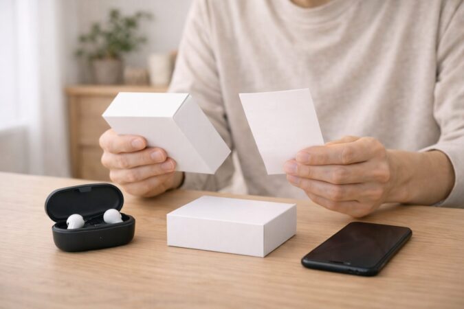 保証確認のためにイヤホンと購入証明を見直すイメージ