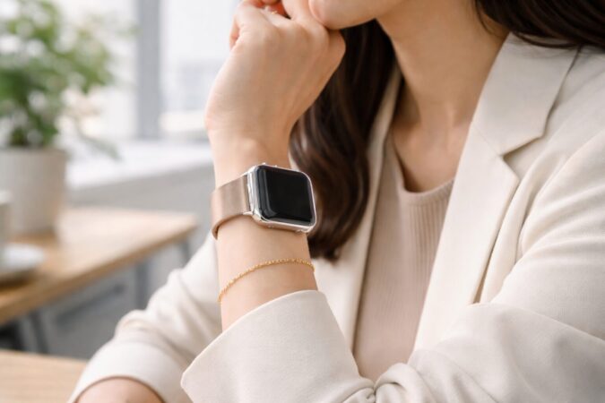 薄型クリアケースで見た目を損ねにくいApple Watchの装着イメージ