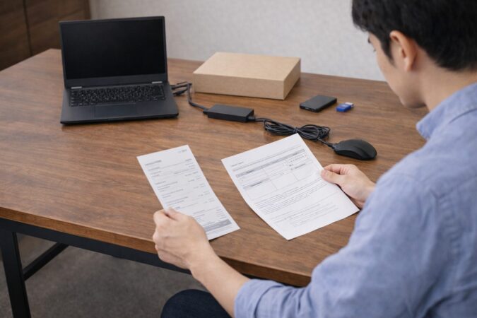 ノートパソコンの保証書類や付属品を確認する修理前準備の様子