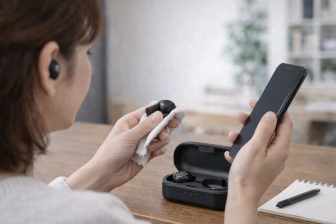 修理前にイヤホンの清掃と再接続を試している様子