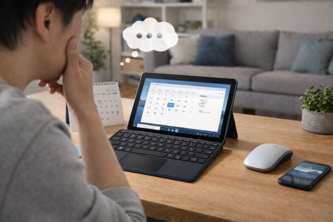 個人向けモデルを待つか迷うユーザーが小型PCを前に考えているSurface Go 4の判断イメージ