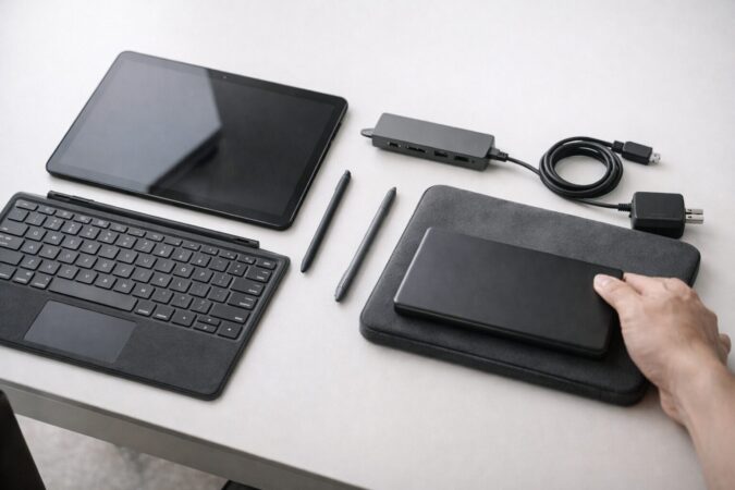 本体にキーボードやペンやハブを加えて総額が上がる2in1 PCの構成イメージ