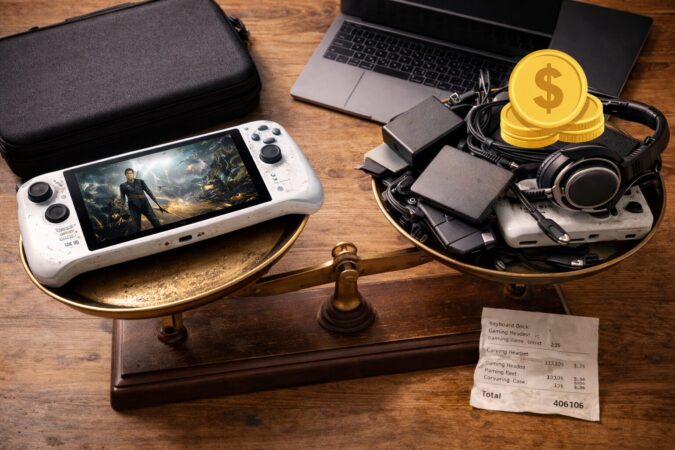 本体と周辺機器を並べて携帯ゲーミングPCの総コストを考えるイメージ