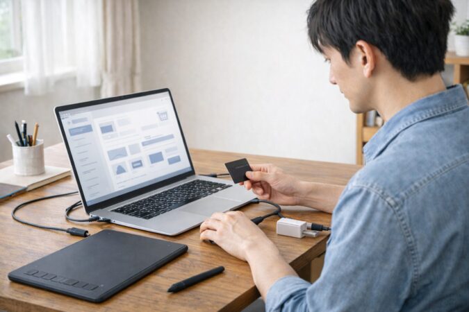 日本人ユーザーがペンタブレット公式ストアの信頼性を慎重に確認している様子