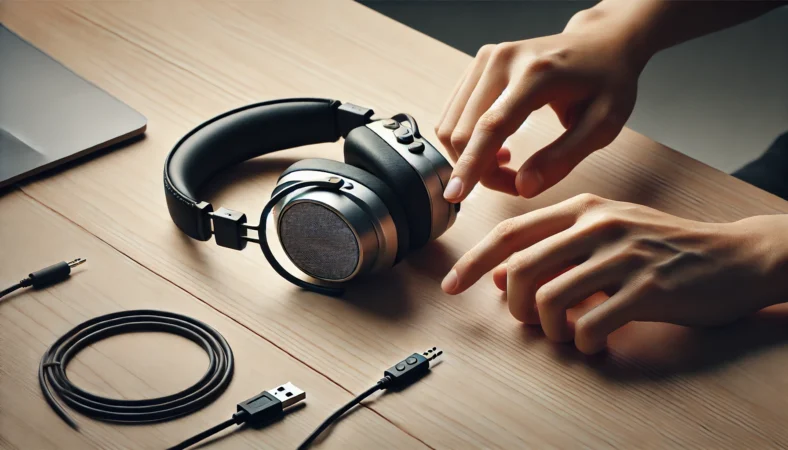 ボタン操作で再起動を試すAirPods Max風ヘッドホンのトラブル対処イメージ