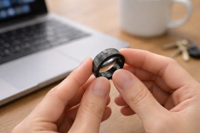 細かな傷がついたスマートリングを確認する手元のクローズアップ