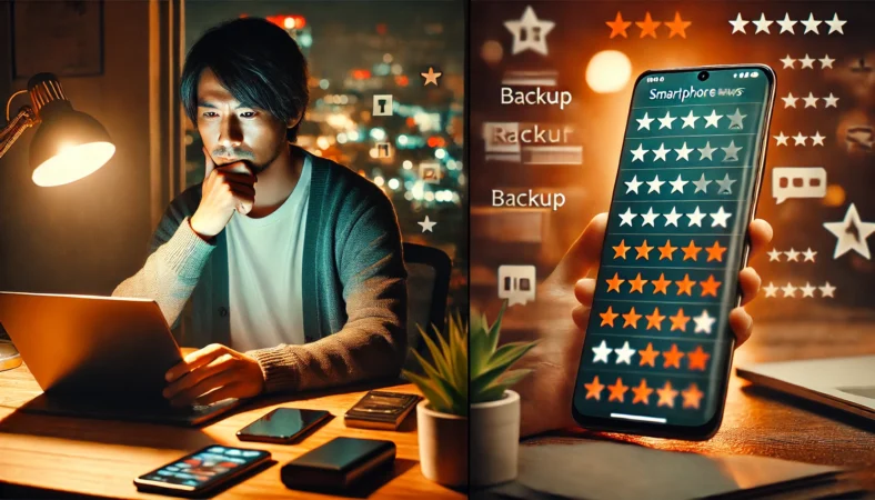 日本人ユーザーが自宅でスマホの口コミや評判を見比べながら購入判断に迷っている横長イメージ