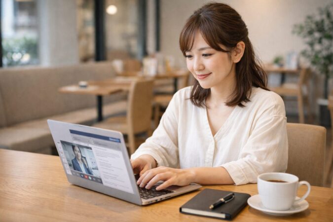 標準構成のノートPCで文章作成や調べものを快適に行う日本人女性