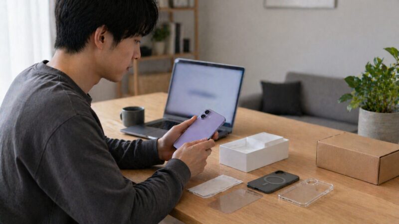 ラベンダースマホの購入前にケースや保護フィルムを確認する日本人男性