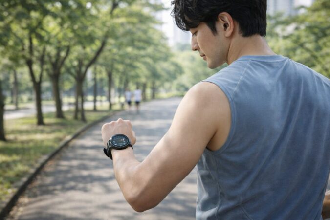 ランニング中に位置情報や運動記録を確認する丸形スマートウォッチの使用イメージ