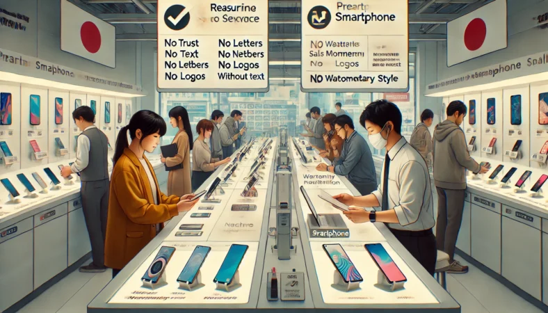 複数のスマホが並ぶ売り場で来店客の注目度の差から評価傾向を表現した横長イメージ