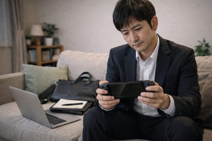 忙しい大人がSwitch2を買う価値を自分の生活時間で判断しているイメージ