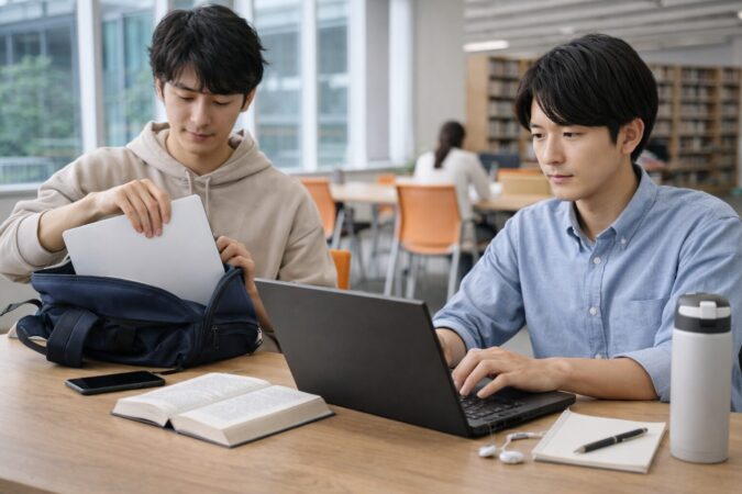 大学生が持ち運びや学業用にノートパソコンを使う様子