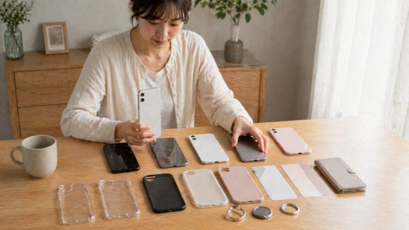 スマホ本体色とケースやアクセサリーの組み合わせを比較する様子