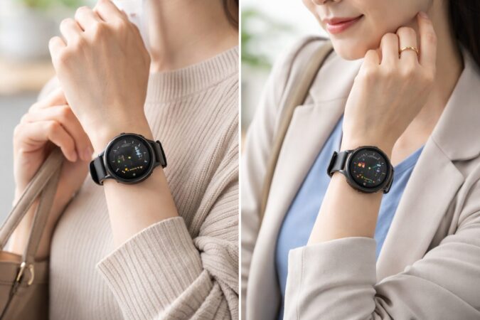 日本人女性の細腕で丸形スマートウォッチのサイズ感を比較するイメージ