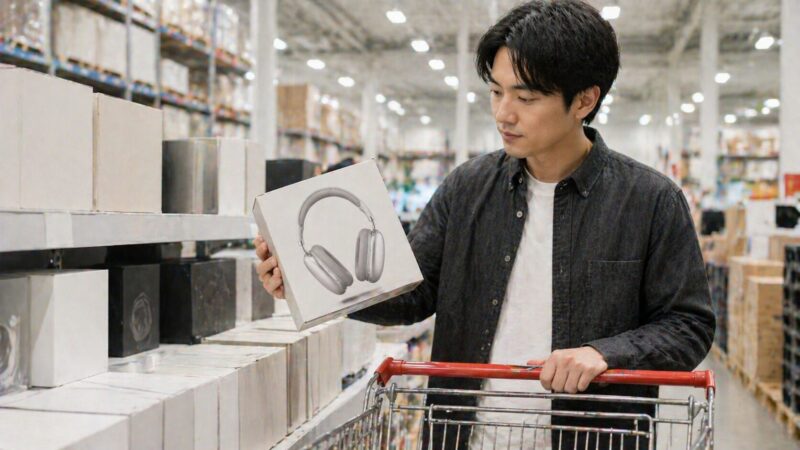 大型店舗で高級ワイヤレスヘッドホンを安く買うか検討しているイメージ