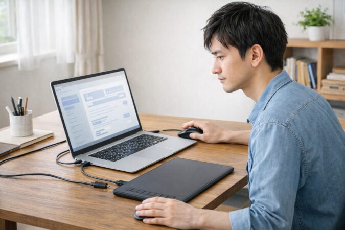 日本人ユーザーがペンタブレットのドライバーを安全に確認している様子