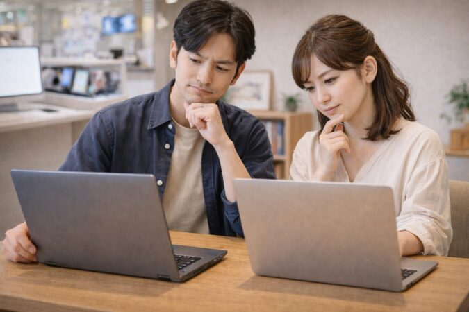 古いPCと新しい薄型ノートPCを比較し買い替え時期を悩む日本人ユーザー