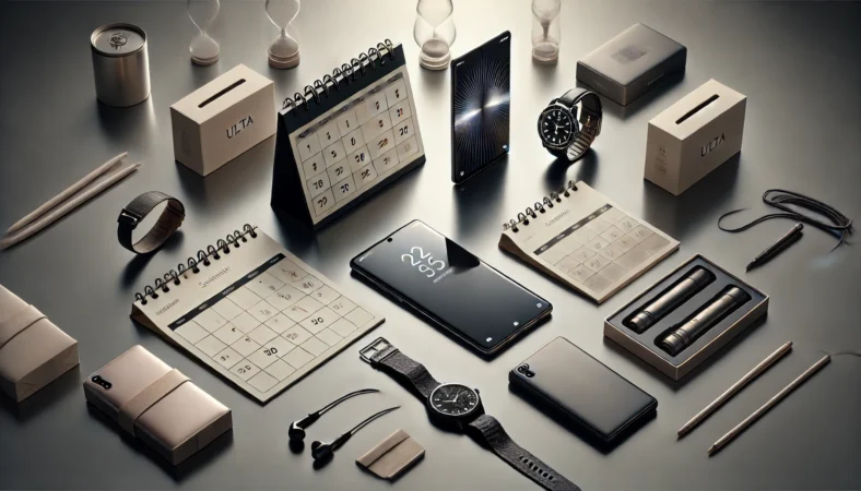 スマホの購入タイミングを考えるために箱や時計と並べて比較した横長イメージ