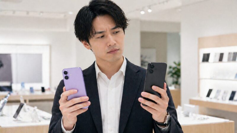ラベンダーとブラックのスマホ選びで迷う日本人男性