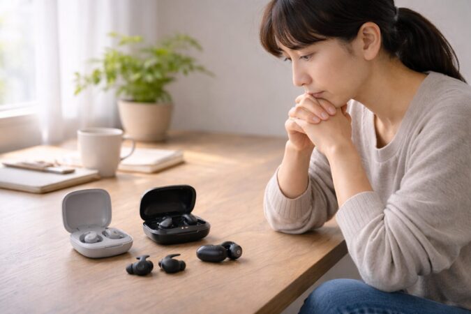 イヤホンを今買うか待つか迷う日本人女性の検討シーン