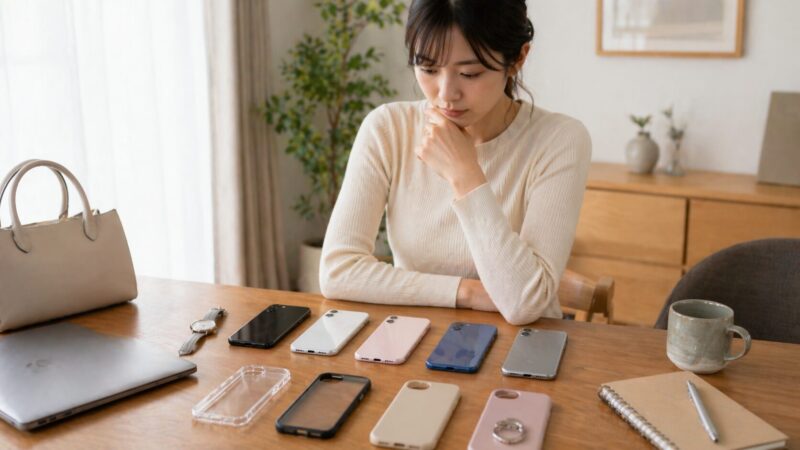 -複数のスマホ色とケースを前に使い方や好みで迷う日本人の様子
