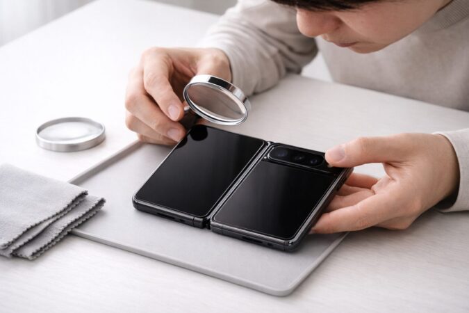 安い中古のGoogle Pixel Foldこそ状態確認が重要だと伝える点検イメージ