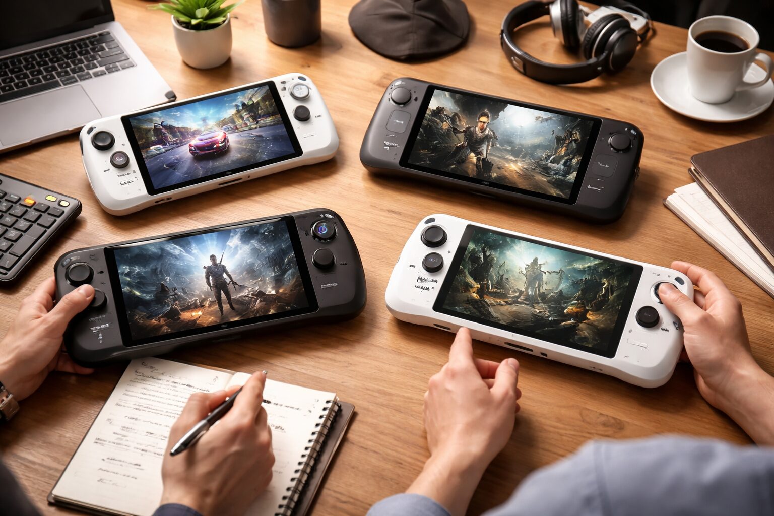 携帯ゲーミングPCの代替候補を比較検討する様子を表した横長ビジュアル