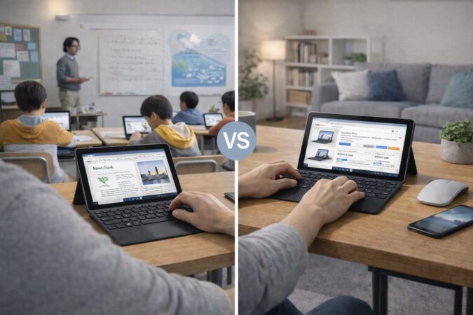 教育現場と個人利用の違いを対比して表現したSurface Go 4の教育機関向け価格イメージ