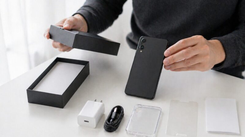 新品未使用のXperia 5 V本体と付属品を確認する手元