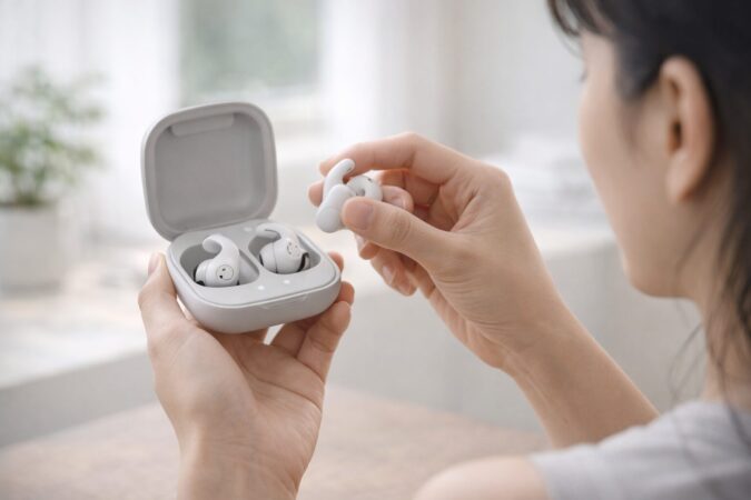 ウィングの柔らかさやケースの使いやすさが改善された新型イヤホンを想起させる未来感ある比較ビジュアル