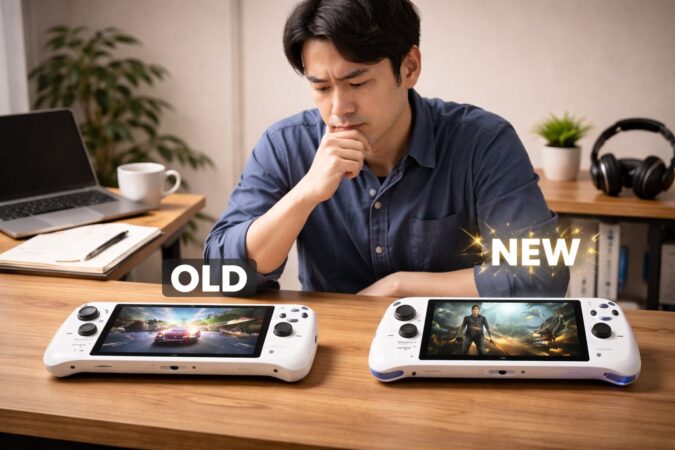 - 旧型と新しい携帯ゲーミングPCを見比べて買い時を迷う人物のイメージ