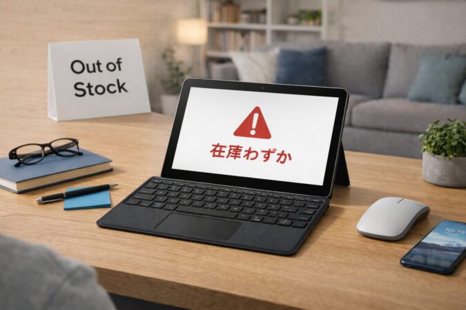 在庫が少ない状況を思わせるデスク上の小型2in1PCで表現したSurface Go 4の在庫不安イメージ