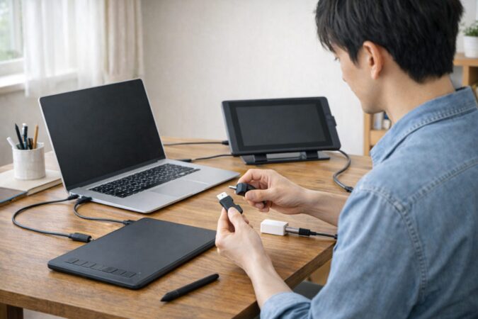 日本の環境でペンタブレットの接続や設置を確認する様子