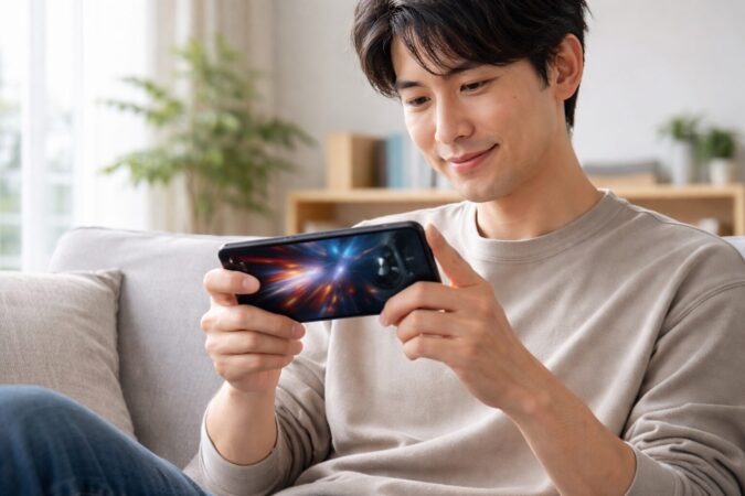 普段使いの快適さを伝えるために、日本人ユーザーが室内で高性能スマホを自然に使う文字なしの横長イメージ