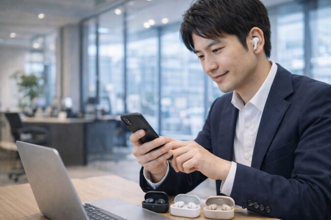 最新の翻訳イヤホン活用をイメージした日本人ビジネスパーソン