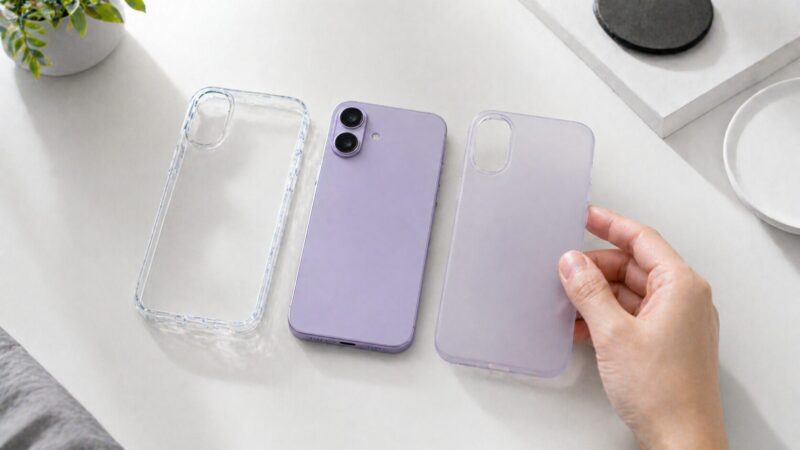 ラベンダースマホの本体色を活かす透明ケースと半透明ケースの比較