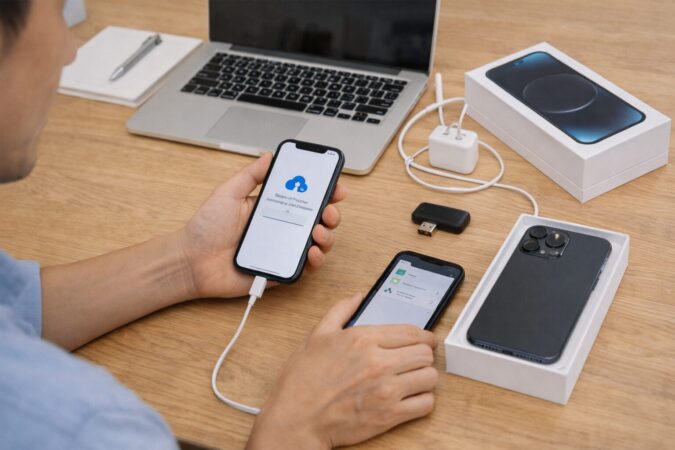 iPhone17へ機種変更する前にバックアップや引き継ぎ準備を進めるイメージ