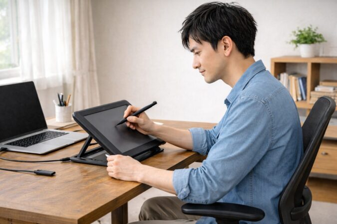 正しい姿勢とスタンドでペンタブレットの負担を減らしている日本人ユーザー
