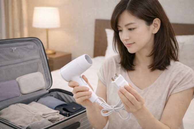 海外旅行前にドライヤーと付属品を確認して持ち運び準備をする日本人女性