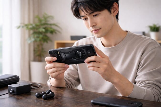 スマホの不具合や相性問題を冷静に確認する様子を表した文字なしの横長レビュー画像