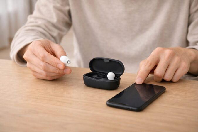 片耳が聞こえない時にイヤホンとケースを順番に確認する様子