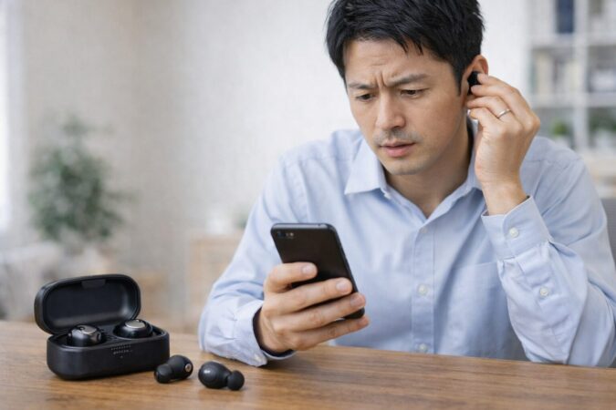 完全ワイヤレスイヤホンで片耳しか聞こえず原因を確認する様子