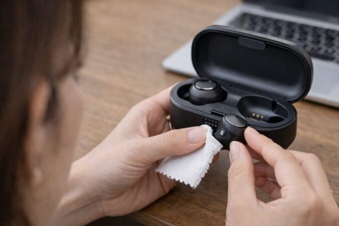 片耳だけ充電されないイヤホンの接点を確認している様子