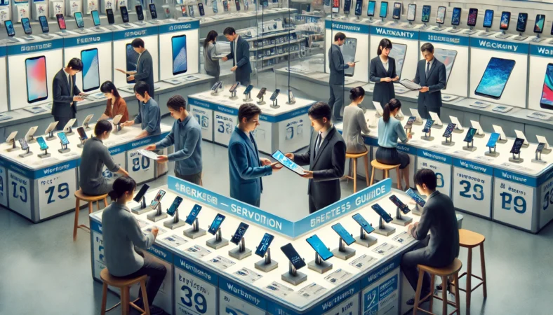 店頭サポートでスマートフォンの状態確認や保証相談を受ける日本人ユーザーの横長イメージ