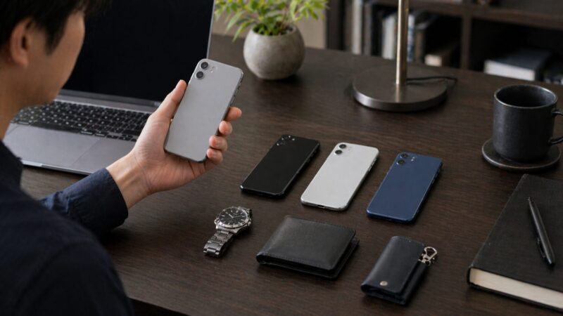 黒やグレーやシルバーのスマホをビジネス小物と合わせて選ぶ手元